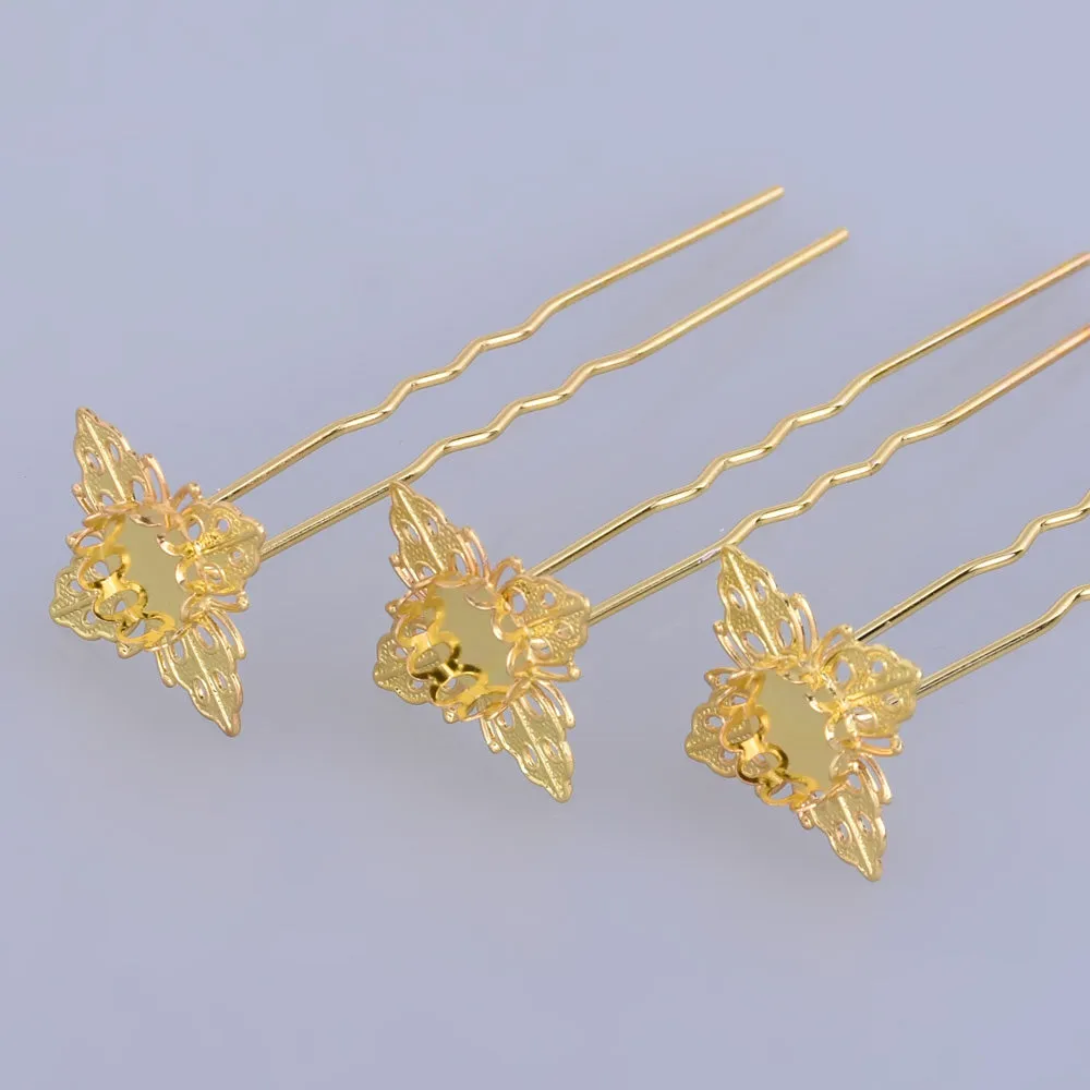 75mm U shape Wedding hair pin with 10mm Cameo Base Clips Prom Hair Pins Hair accessories gold 10pcs