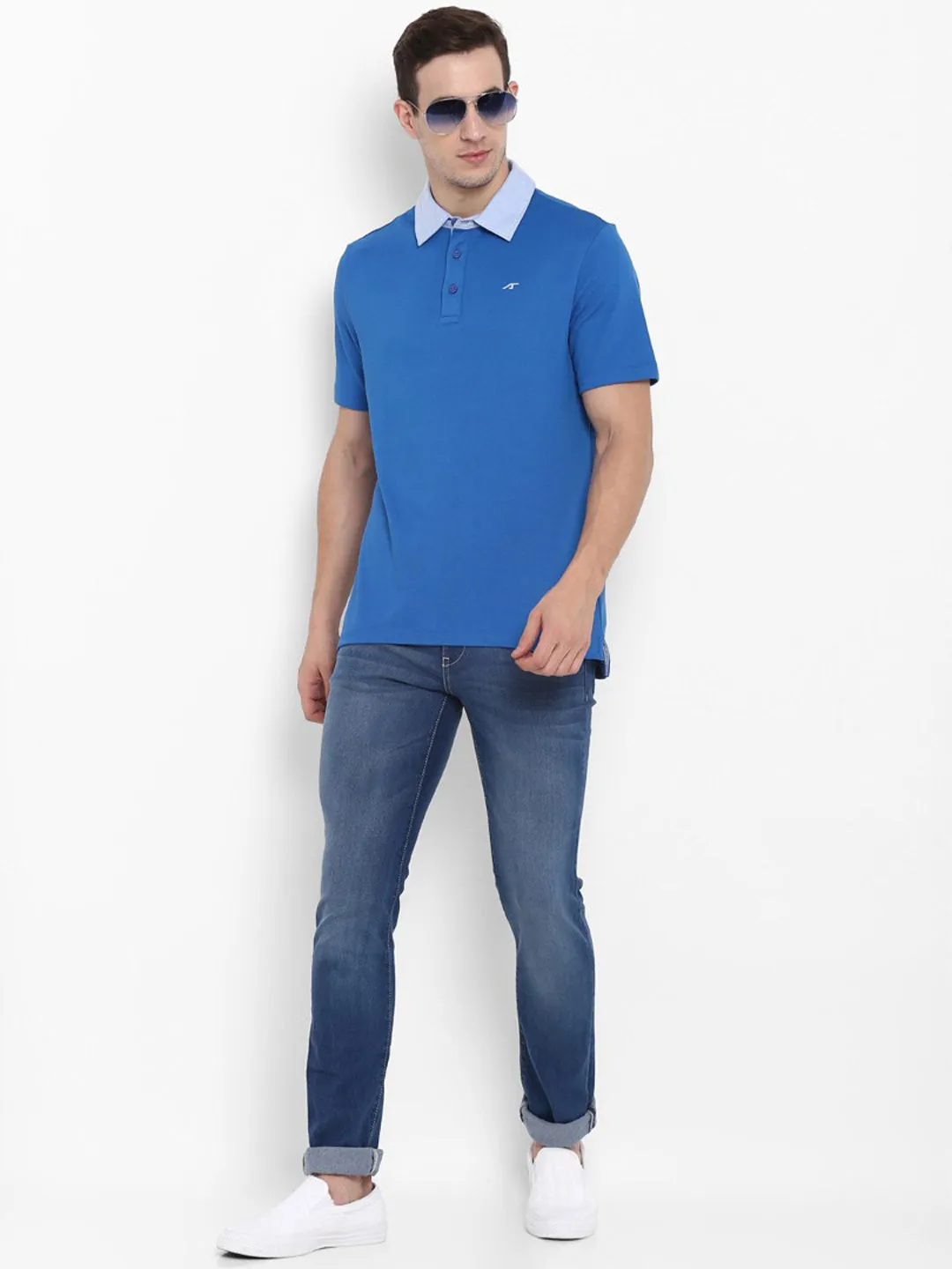 Alcis Men Blue Solid Polo Collar T-shirt