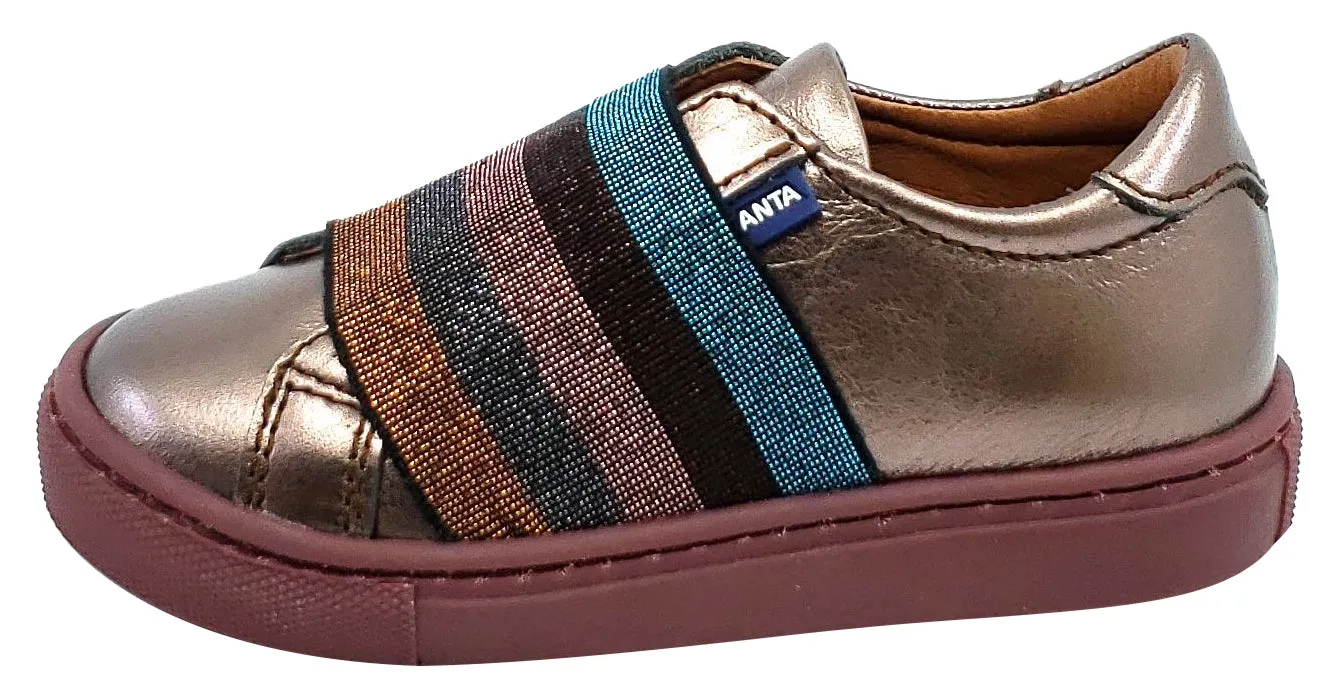 Atlanta Mocassin Girl's Leather Rainbow Elastic Band Slip-on Sneakers, Metallic