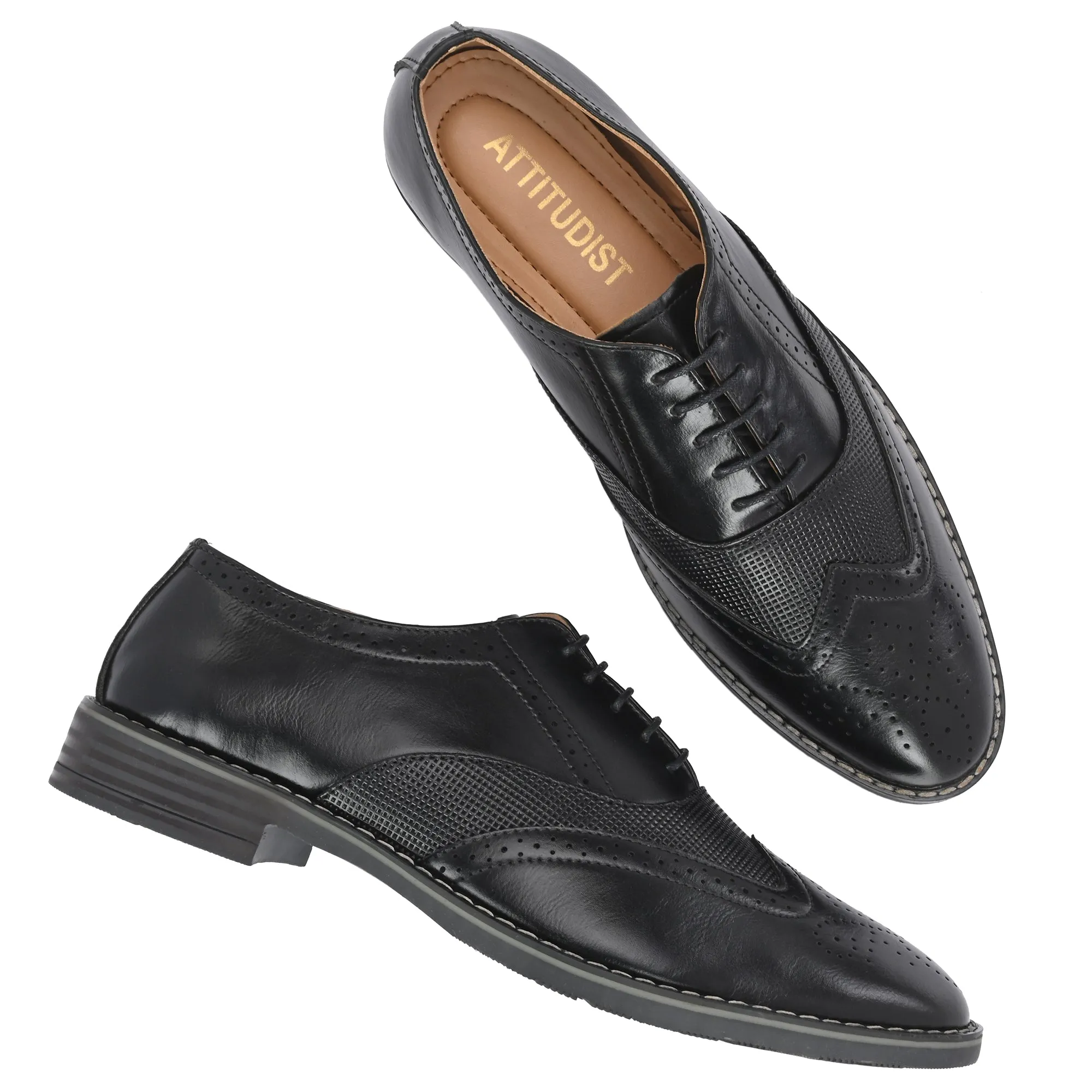 Attitudist Unisex Handcrafted Black Formal Lace-up Derby Shoes Full Brouges With Wingtips