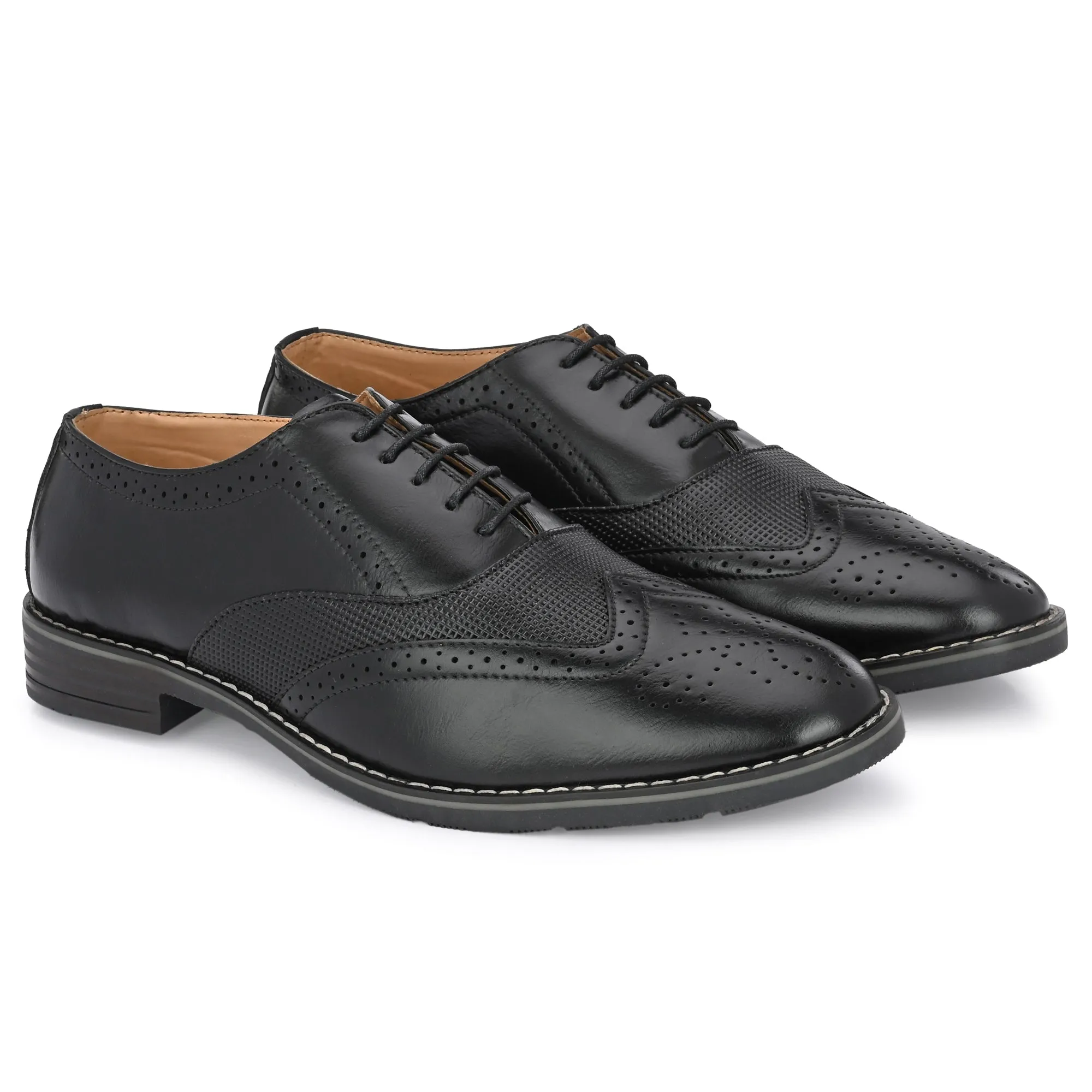 Attitudist Unisex Handcrafted Black Formal Lace-up Derby Shoes Full Brouges With Wingtips