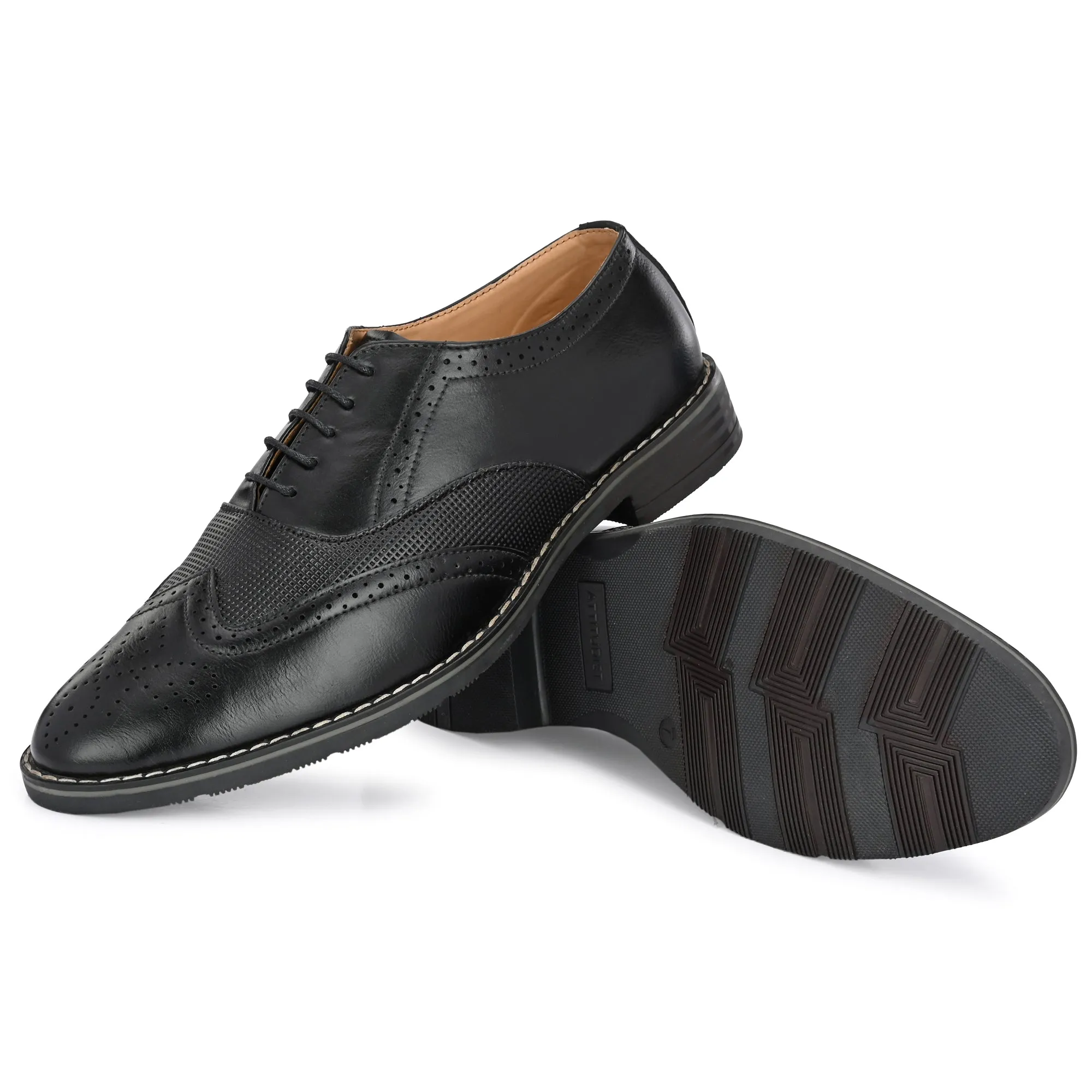 Attitudist Unisex Handcrafted Black Formal Lace-up Derby Shoes Full Brouges With Wingtips