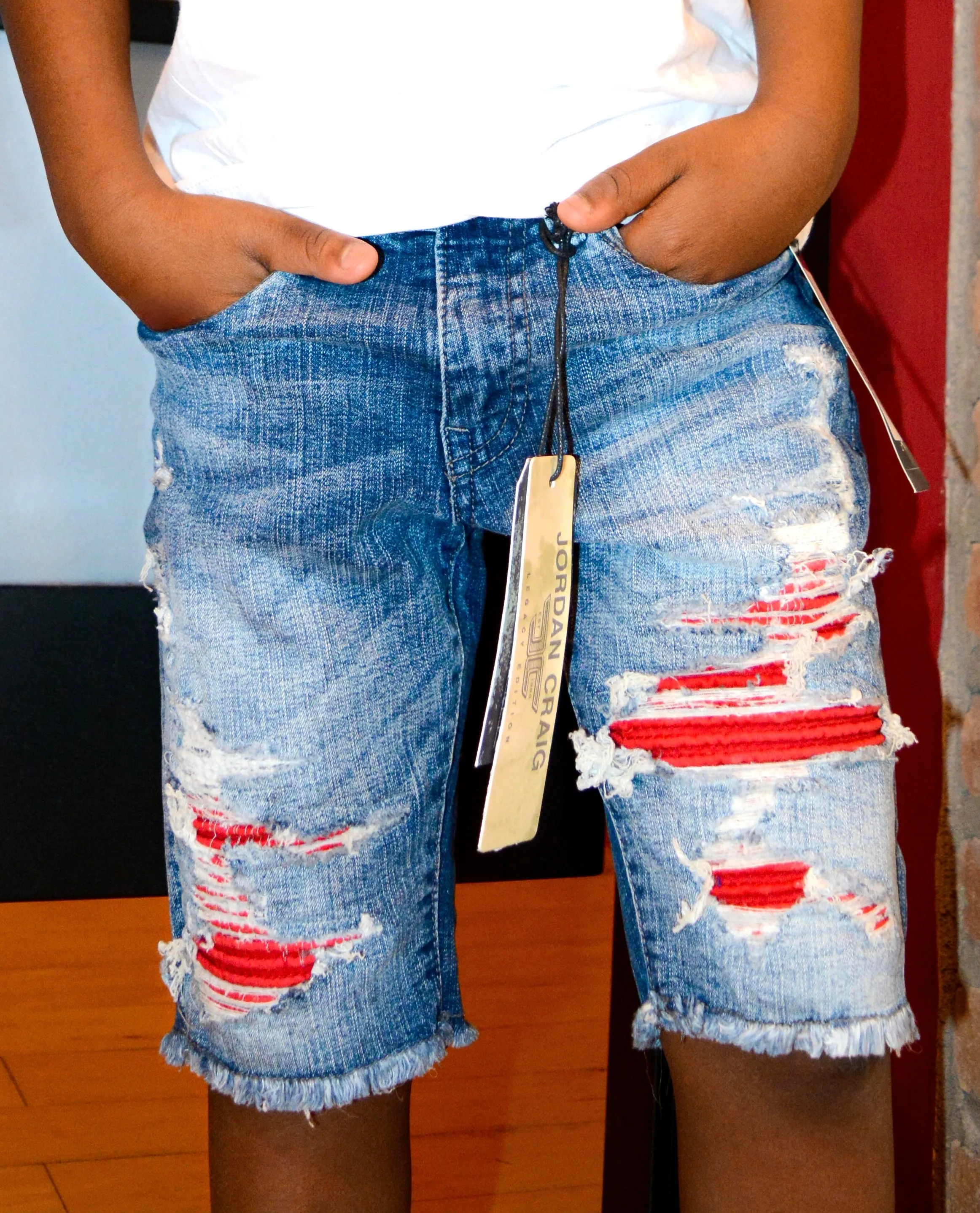 Boy’s Distressed Denim Motto Patched Jean Shorts