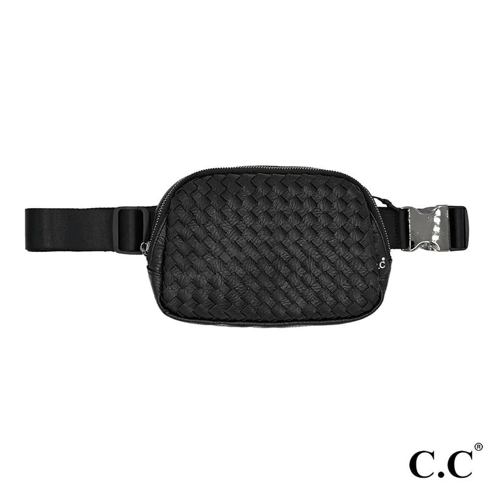 CC Vegan Leather Woven Belt Bag in Black