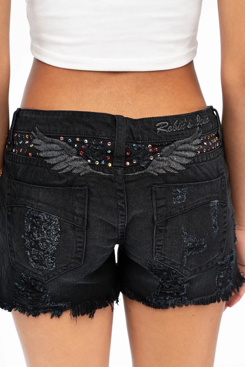 DESTROYED DENIM SHORTS WITH MULITCOLR CRYSTALS IN BLACK