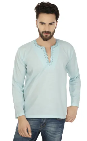 Indian Clothing Cotton Short Kurta Shirt for Men (Blue)