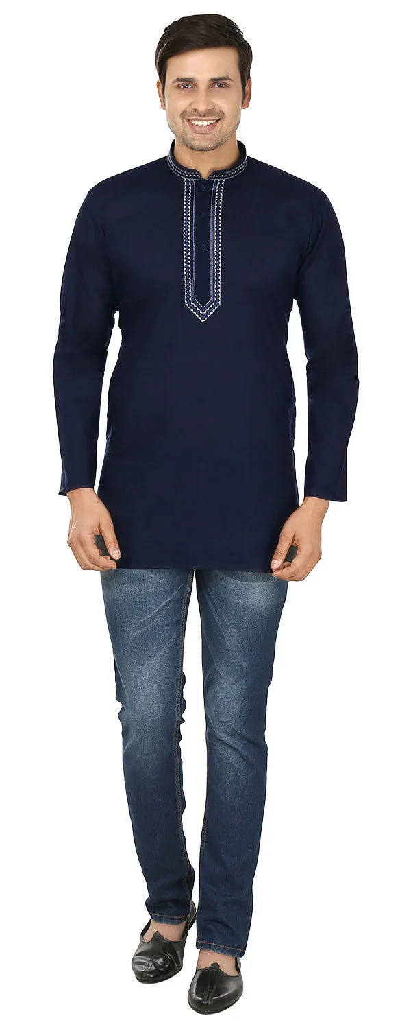 Indian Clothing Embroidered Cotton Short Kurta for Men (Dark Blue)