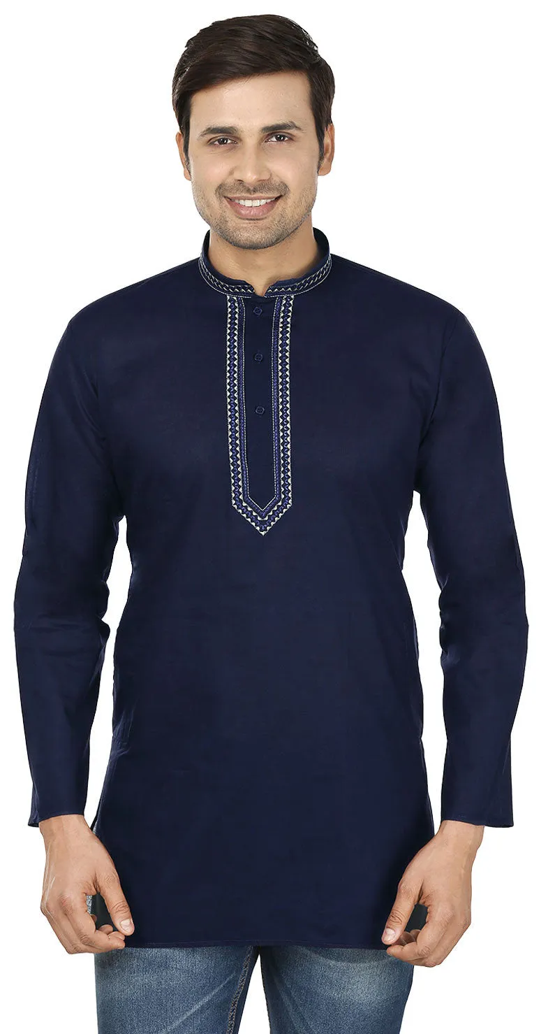 Indian Clothing Embroidered Cotton Short Kurta for Men (Dark Blue)