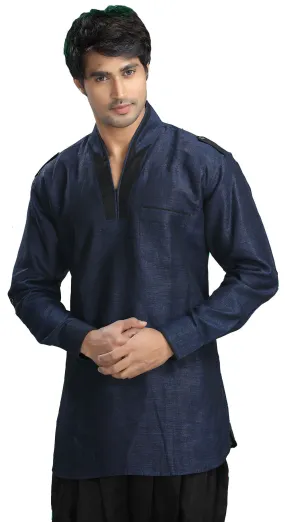 Indian Clothing Fashion Men's Short Kurta Linen Cotton (Blue)