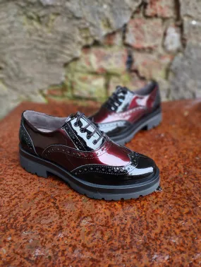 Stylish Lace-Up Brogues for Women - Patent Leather Work Smart Shoes in Black/Burgundy (Model 5362) - Perfect for Office and Formal Wear - On Sale!