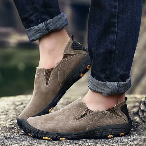 Men Soft Leather Comfortable Casual Hiking Shoes Wear and Slip Resistant