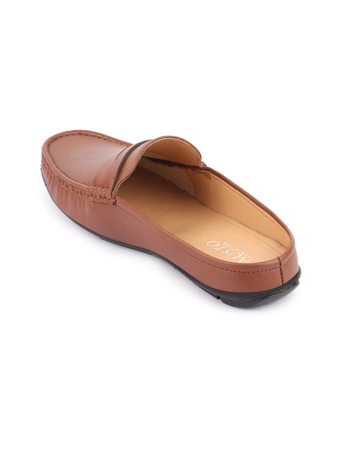 Men Tan Slip On Back Open Stitched Mules Casual Shoes