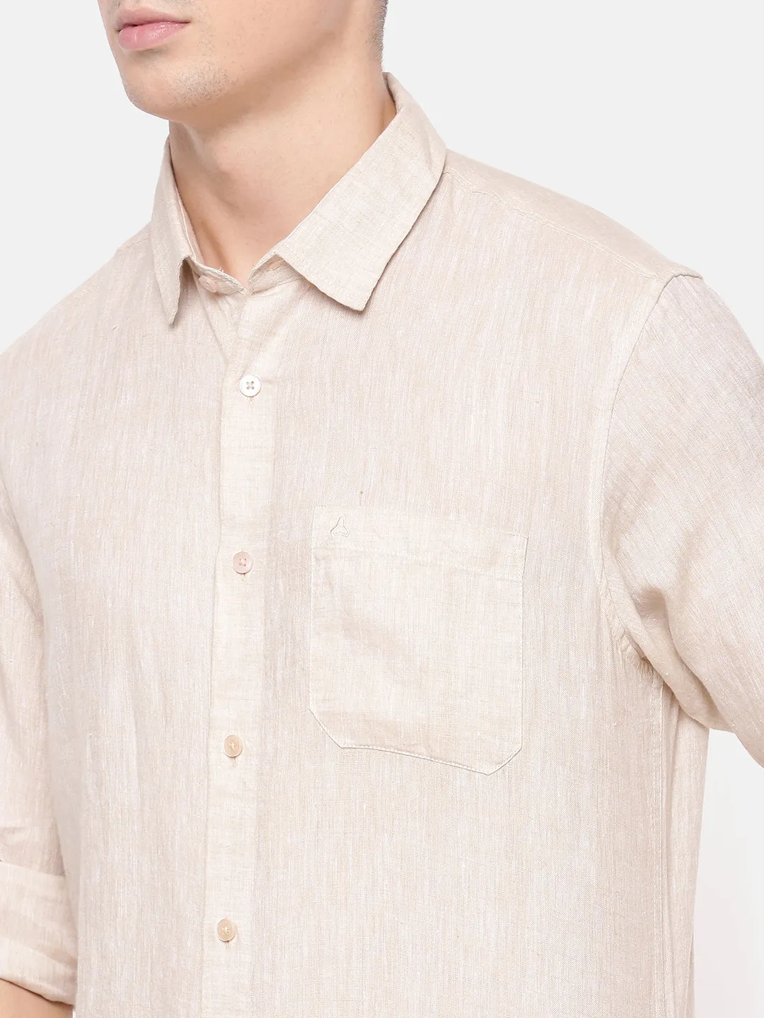 MEN'S ECRU SOLID SLIM FIT LINEN SHIRT