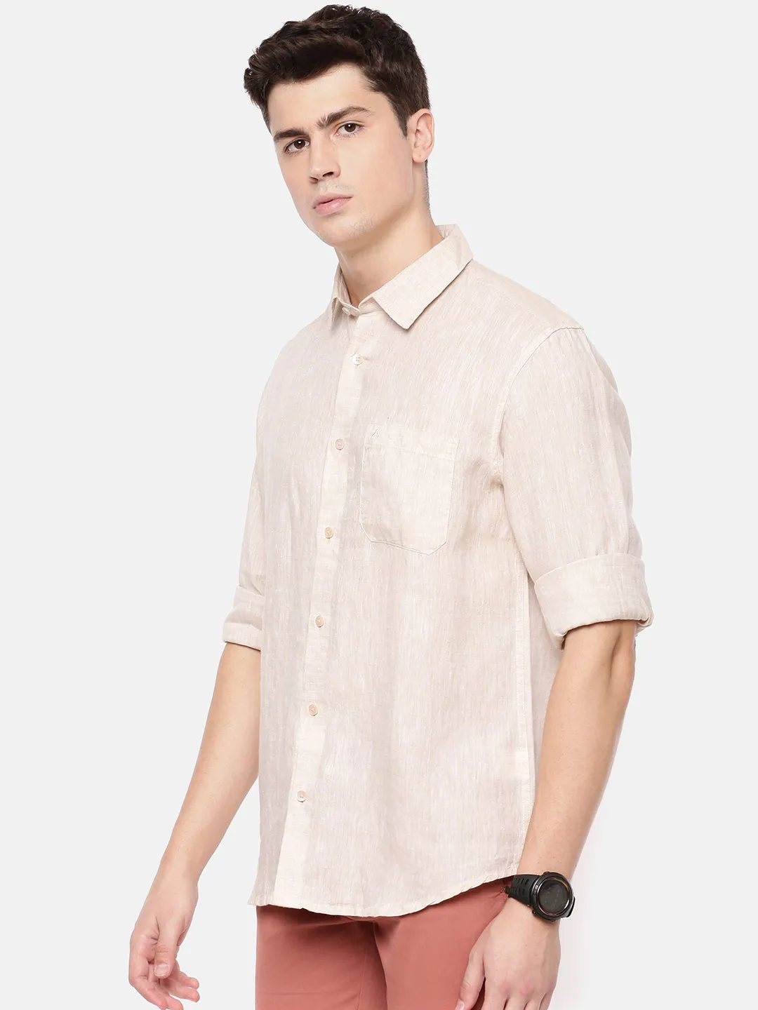 MEN'S ECRU SOLID SLIM FIT LINEN SHIRT