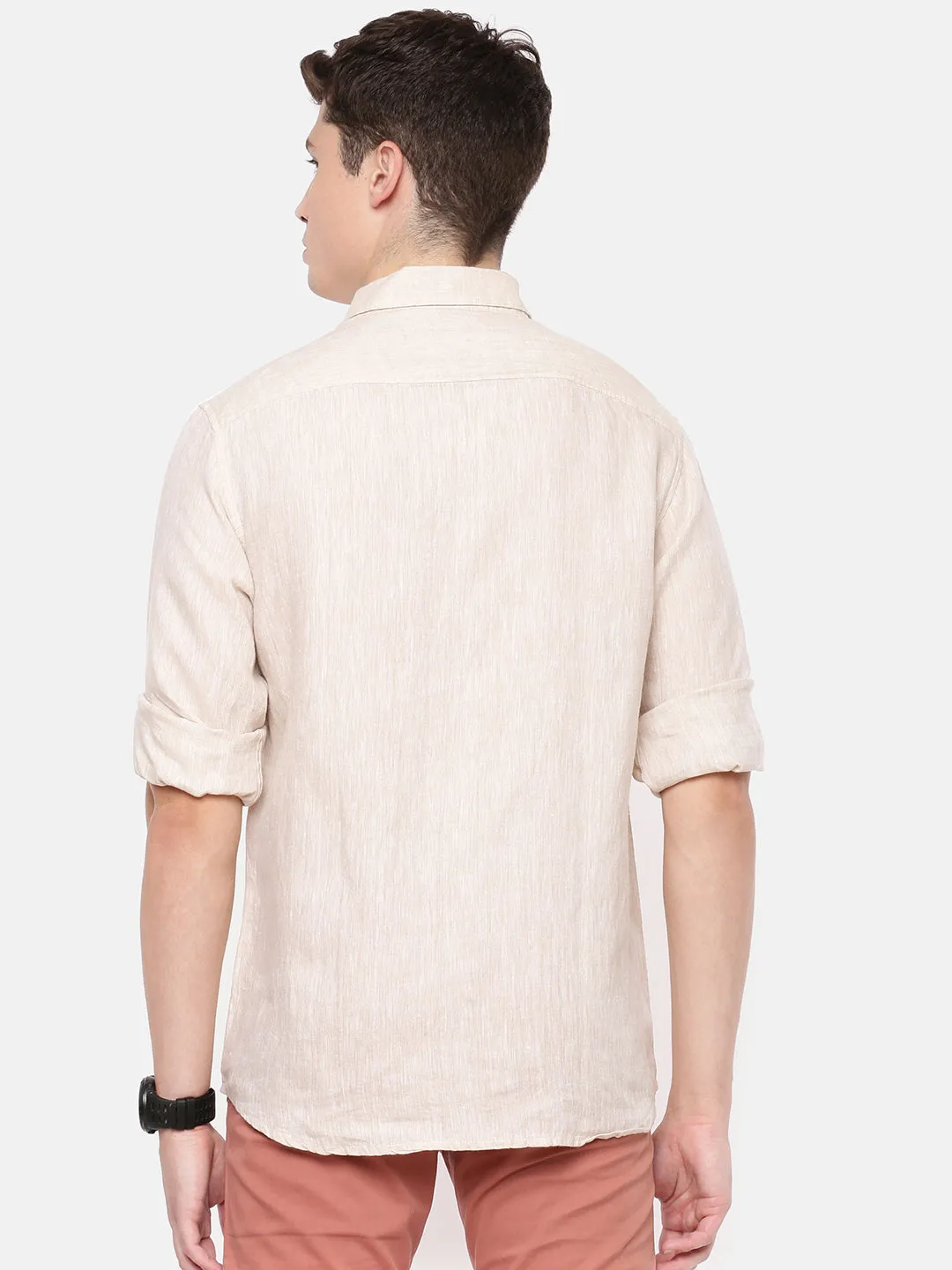 MEN'S ECRU SOLID SLIM FIT LINEN SHIRT