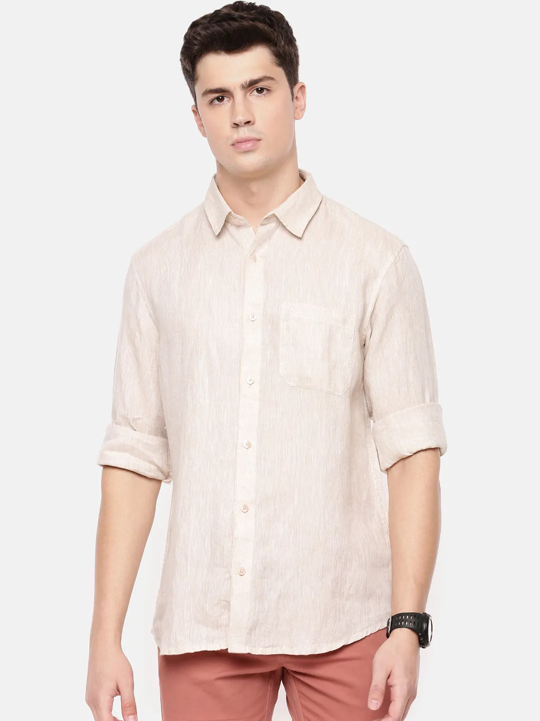 MEN'S ECRU SOLID SLIM FIT LINEN SHIRT