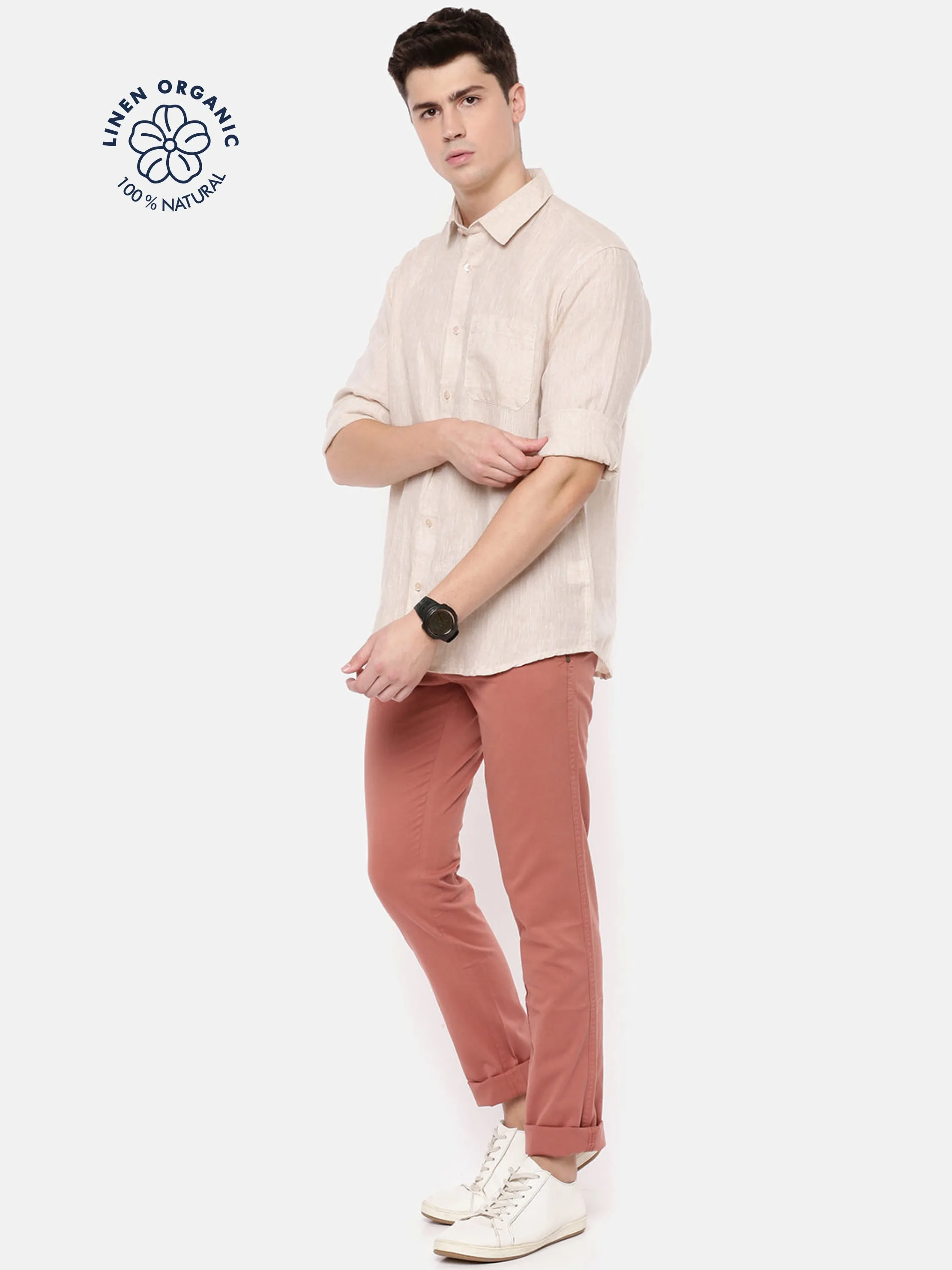 MEN'S ECRU SOLID SLIM FIT LINEN SHIRT