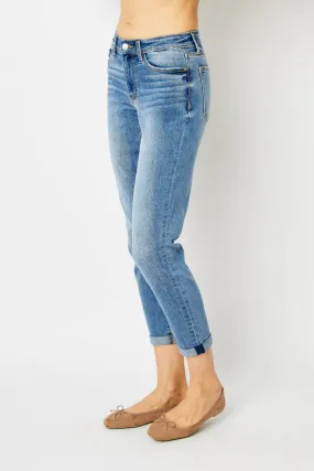 Mid Wash Full Size Cuffed Hem Slim Jeans