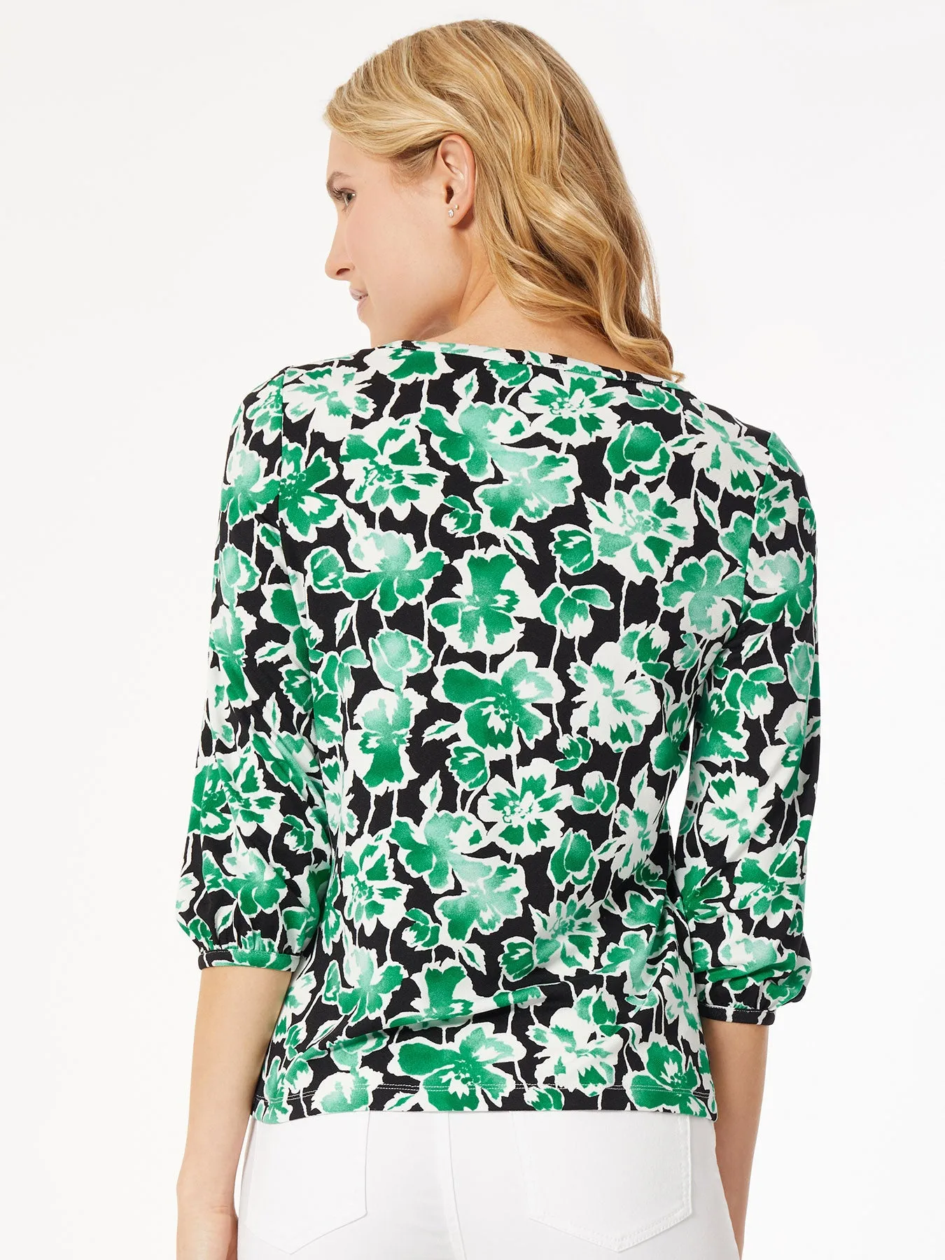 Puff Sleeve Printed Moss Crepe Top