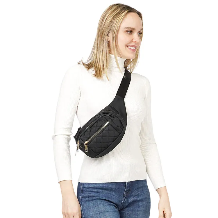 Quilted Multi Pocket Sling Bag Fanny Pack Belt Bag