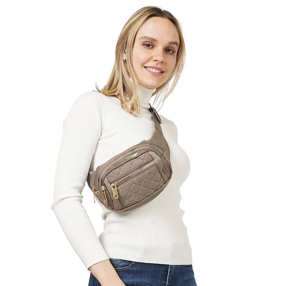 Quilted Multi Pocket Sling Bag Fanny Pack Belt Bag