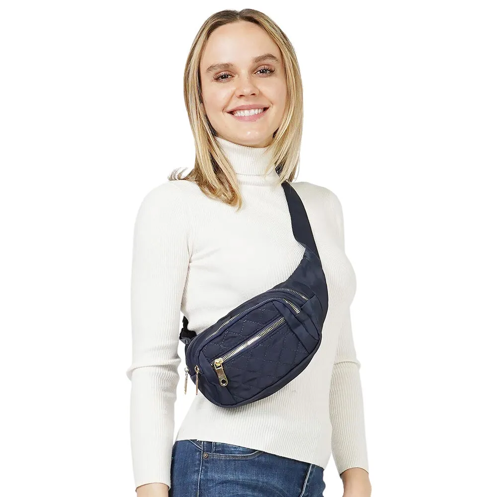 Quilted Multi Pocket Sling Bag Fanny Pack Belt Bag