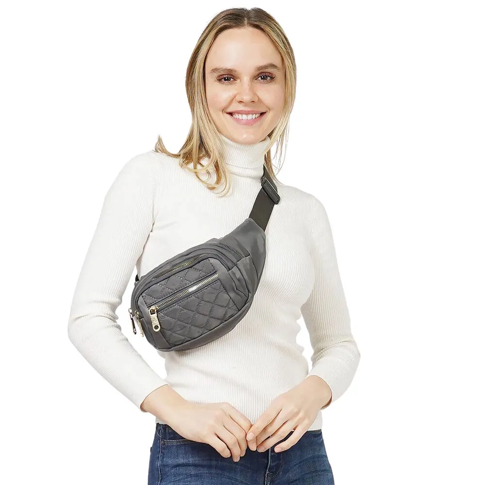 Quilted Multi Pocket Sling Bag Fanny Pack Belt Bag