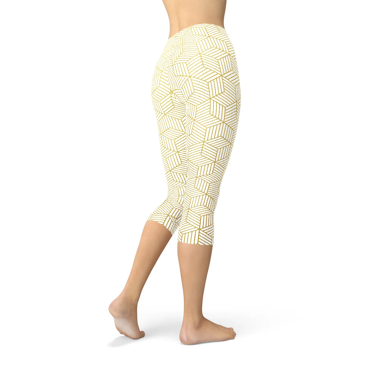 Womens White Capri Leggings w/ Geometric Cubes